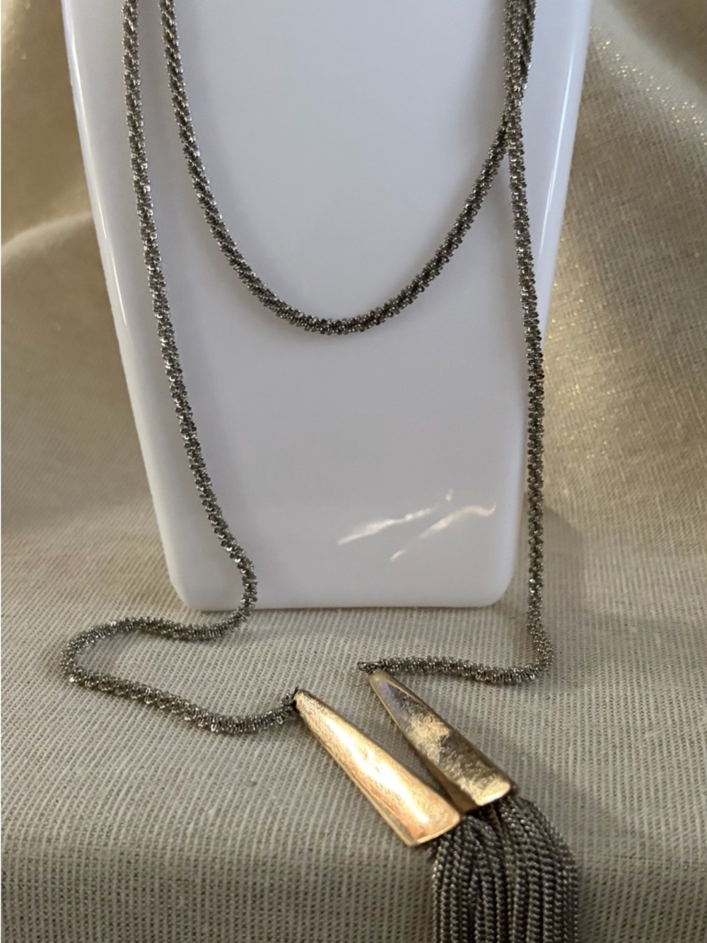 Long Silver Tassel Lariat Necklace with Gold Accents - Picture 3 of 4